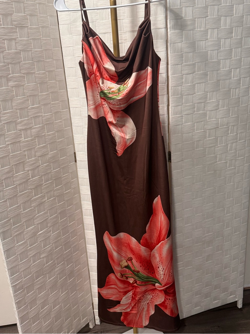 Brown Maxi Slip Dress with Large Pink Floral Print